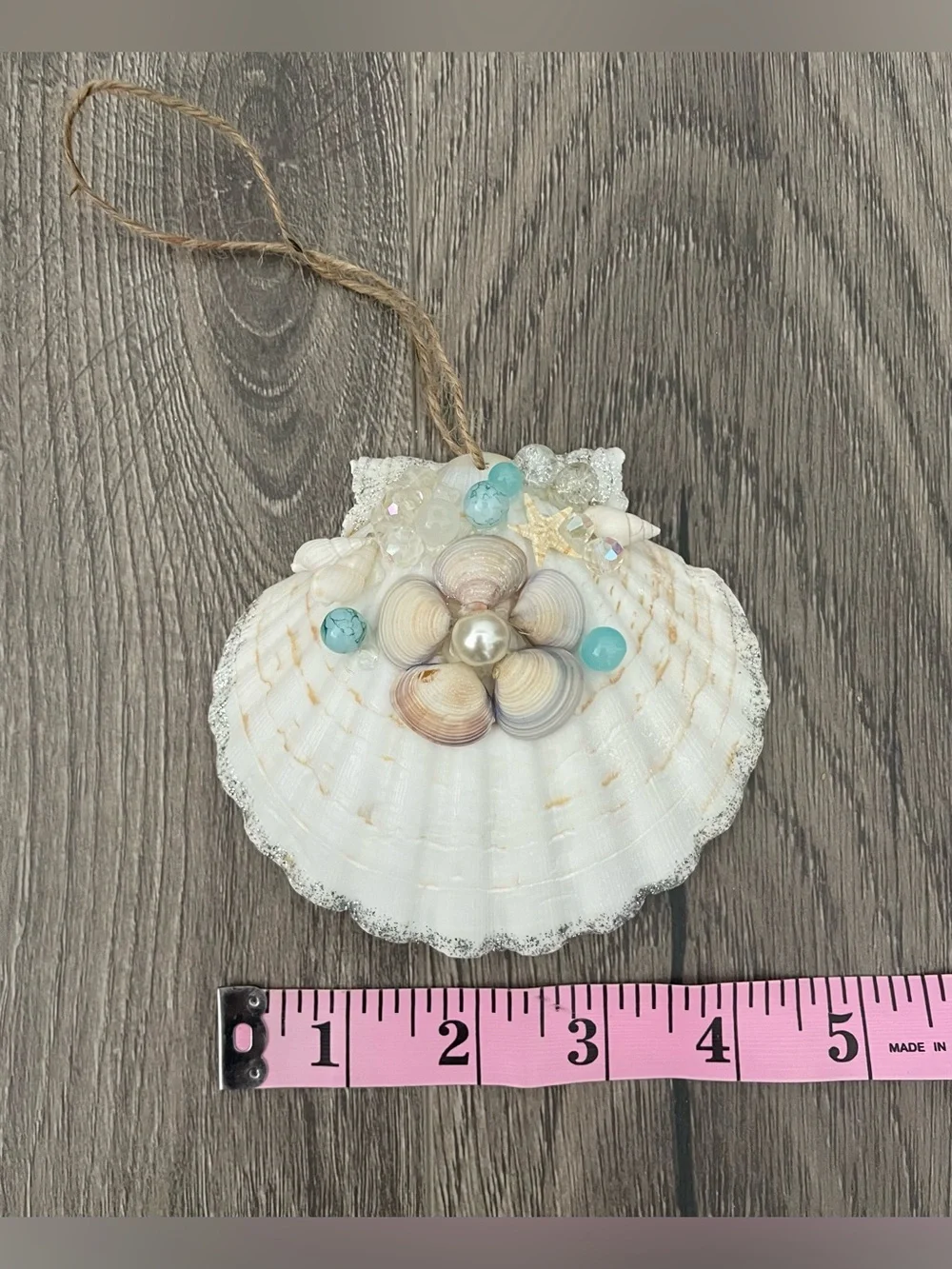 Seashell Ornament Handmade 4.5-5” Beaded Glitter Flower Aquamarine Christmas